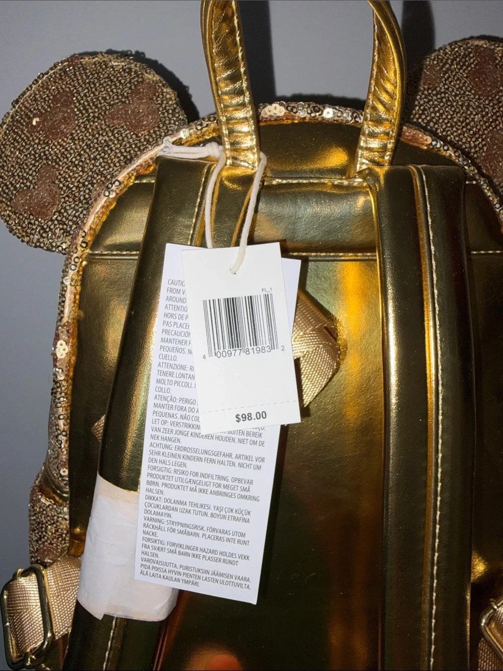 NWT Loungefly Disney Minnie Mouse Golden Sequin Mini Backpack